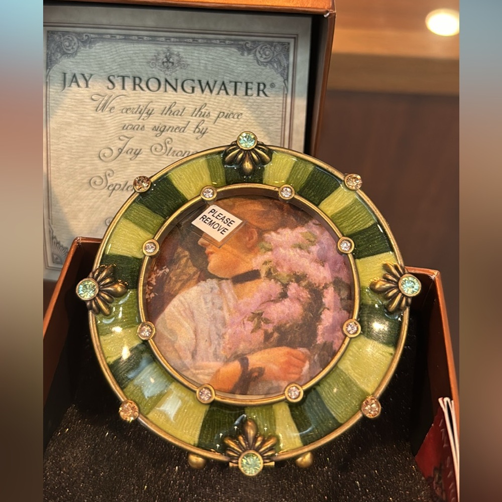 Signed! Jay Strondwater round enamel green jeweled frame.